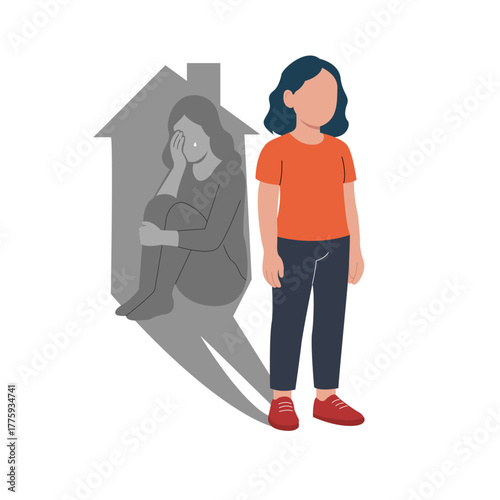 Vector of a sad woman with a shadow showing emotional pain inside a home, symbolizing woman abuse, depression, and mental health awareness for victims of domestic trauma.