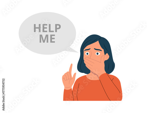 Illustration of a scared girl, Woman covering her mouth while signaling “Help Me” with a speech bubble, representing fear, abuse, and a silent cry for help.