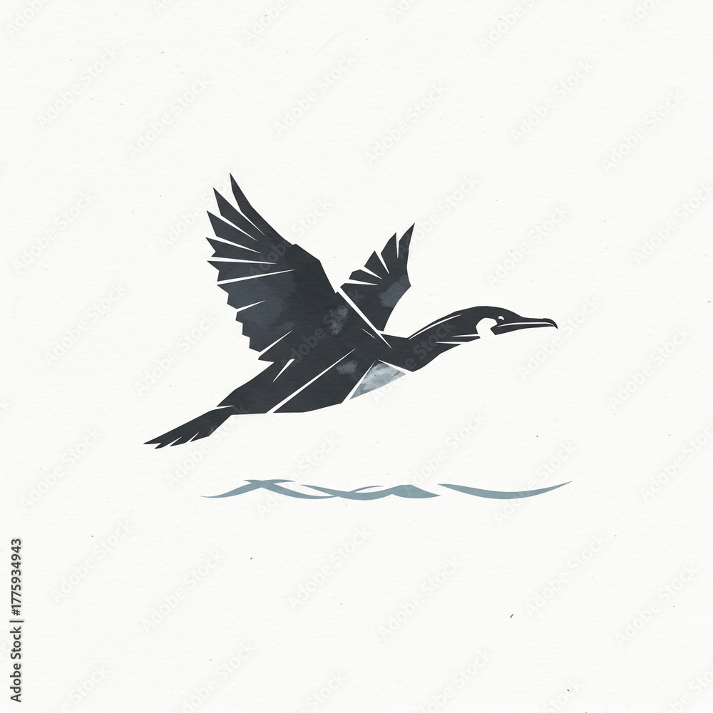 Fototapeta premium A minimalist depiction of a seabird in flight over water, stylized with geometric shapes and soft shading on a white background