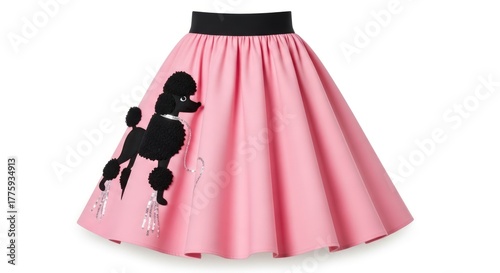 A classic 1950s style pink poodle skirt with a black waistband and a black poodle applique with sequin accents.