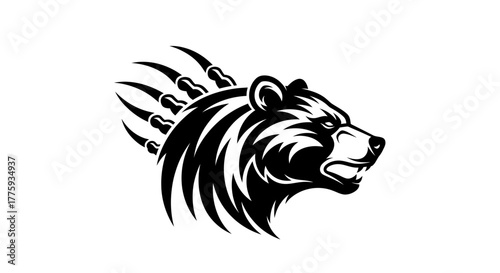 A fierce black and white illustration of a bear's head with sharp claws extended.