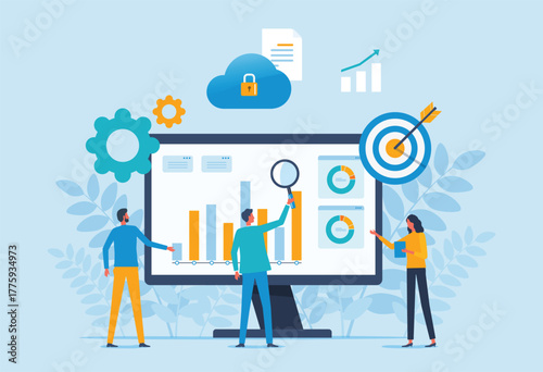 business data analysis concept and  team working collaboration in front of large moniter report screen for business goal achievement
