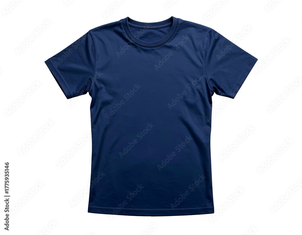 Naklejka premium A plain, short-sleeved, navy blue crew neck t-shirt against a stark, black background
