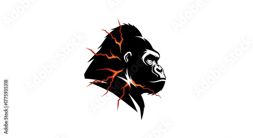 A striking black silhouette of a gorilla's head with fiery orange lightning effects emanating from its mane.