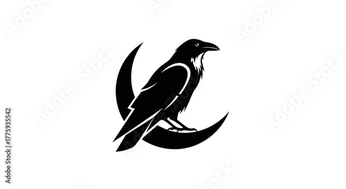 A striking black silhouette of a raven perched on a crescent moon against a white background.