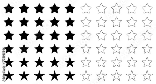Collection of star rating icons showing filled and outline stars for reviews and feedback systems. Ideal for UI, web, and app rating interfaces, feedback forms, and customer experience designs.
