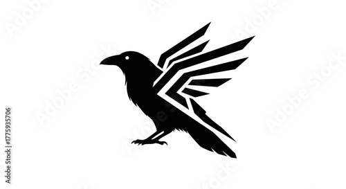 A minimalist black silhouette of a raven with stylized geometric wings spread wide against a white background.