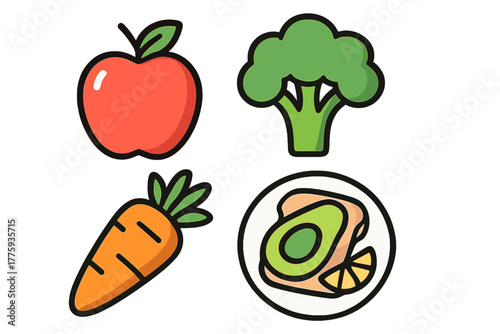 Colorful Food fruits and vegetables including apple, broccoli, carrot, and avocado  