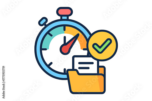 Stopwatch symbolizing time management with folder and checkmark  