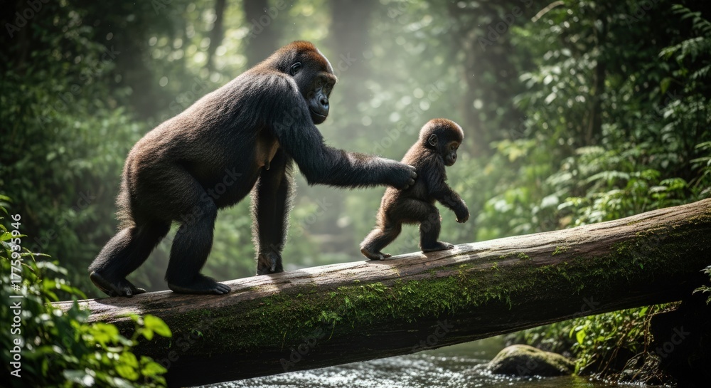 Naklejka premium A gorilla helps a smaller gorilla cross a fallen