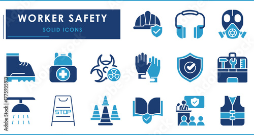 Worker Safety related icons set. Vector solid icons set.