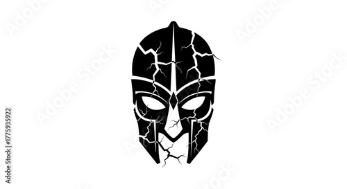 A cracked black Spartan helmet with a white background, symbolizing resilience and strength.