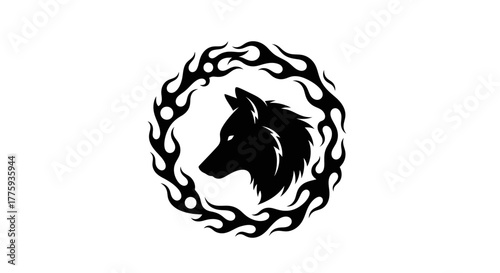 A black silhouette of a wolf's head is framed by a circular design of flames and dots.
