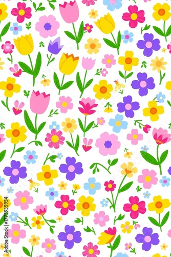 Vibrant and cheerful seamless pattern of small colorful wildflowers