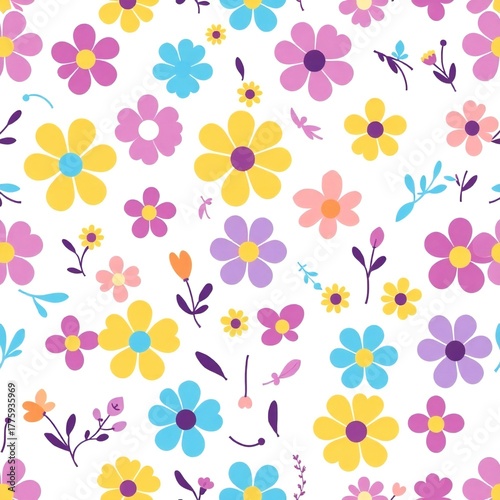 Seamless pattern of colorful cartoon flowers and leaves on white background