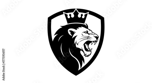 A black and white shield logo featuring a roaring lion with a crown on its head.