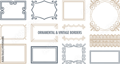 Set of Ornamental and Vintage Borders Rectangular Frames and Lacy Edge Design Elements