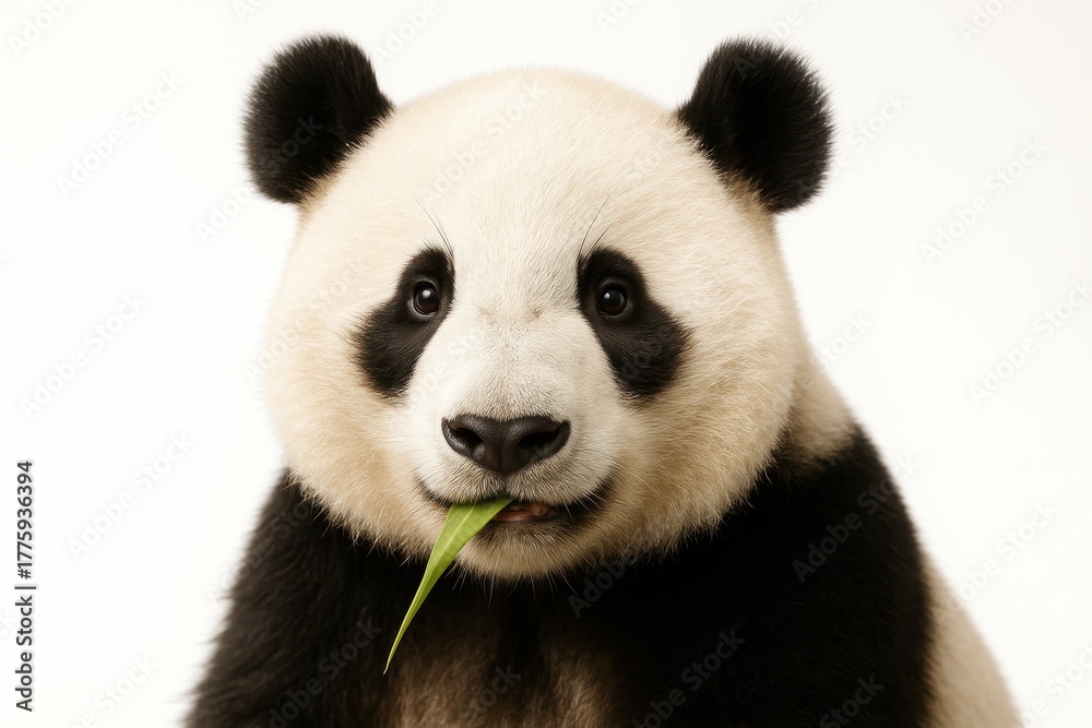Naklejka premium Giant panda head and shoulders gently chewing a fresh bamboo leaf tip studio wildlife portrait on pure white