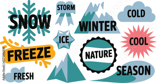 Stylized Depicting Various Elements Associated with Winter, Weather, and Nature Themes on White Backdrop