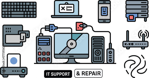Technology Repair Services Illustrated Electronics, Including Computer, Laptop, Server, Router, and Smartphone