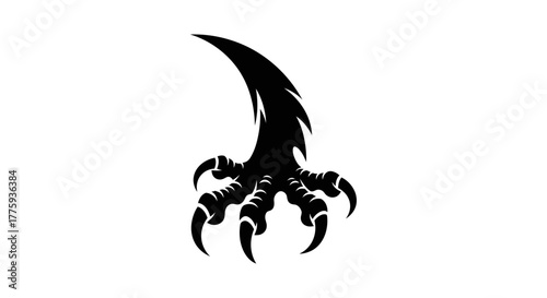A sharp, black, stylized bird's claw with sharp talons extended against a white background.