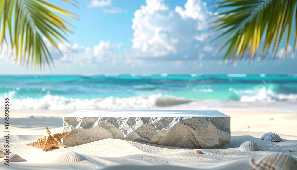 Naklejka premium A sleek stone podium with modern angular design stands on pristine white sand beach, gentle waves lapping nearby shoreline. Sunlight glints off polished stone edges as palm fronds sway in tropical br