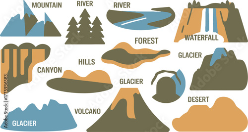 Various Landform Illustrations Mountain, River, Forest, Waterfall, Canyon, Hills, Glacier, Volcano, and Desert Graphics