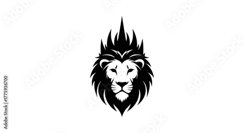 A striking black and white illustration of a lion's head with a spiky crown.