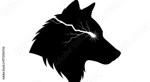 Silhouette of a wolf's head with a lightning bolt striking through its eye.