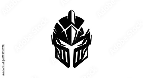 A black and white illustration of a stylized knight's helmet with sharp angles and glowing eyes.