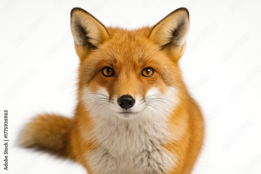Fototapeta premium Red fox head and shoulders facing camera bright eye catchlight thick winter coat studio wildlife portrait on white