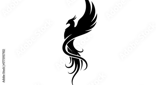 A striking black silhouette of a phoenix rising with elegant, flowing lines.