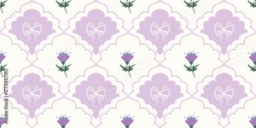 Coquette Floral trellis seamless pattern with bows and ribbons. Preppy spring summer hand drawn flowers. Botanical elegant trendy print. Vintage design for fabric, wallpaper, decor, background, paper