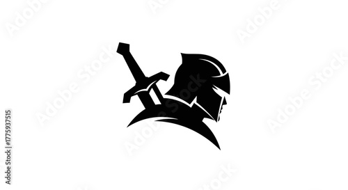 A black silhouette of a knight's helmet with a sword behind it, on a white background.