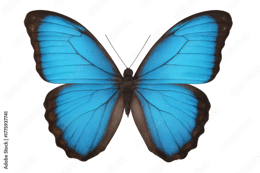 Fototapeta premium Iridescent blue morpho butterfly with open wings showing vibrant colors, isolated on a transparent background