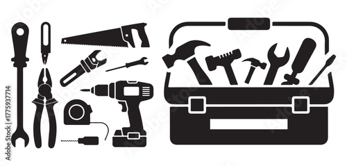Workshop Tools Vector Illustration – Toolbox, Hand Tools, and Power Tools Silhouette Design for Mechanics and DIY Projects.