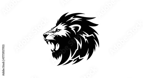 A fierce black and white illustration of a lion's head in profile, roaring with its mouth open.