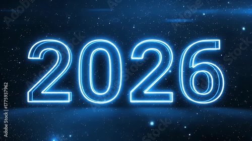 Neon Blue 2026 Text Against Dark Blue Background with Floating Particles