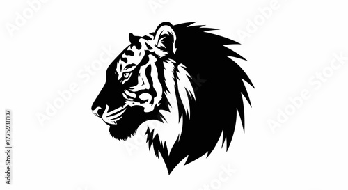 A striking black and white illustration of a tiger's head in profile, showcasing its fierce gaze and detailed facial features.