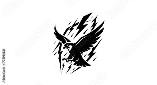 A black silhouette of a falcon in flight against a background of stylized lightning bolts.