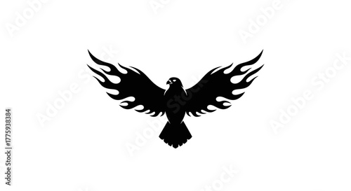 A striking black silhouette of a bird of prey with fiery wings outstretched against a white background.