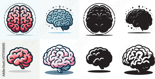 Vector set of images and simple silhouettes of the brain on a white background