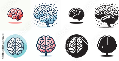 Vector set of images and simple silhouettes of the brain on a white background