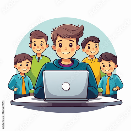 Group of interns learning from senior mentor at computer — teamwork, office training, and digital workplace illustration
