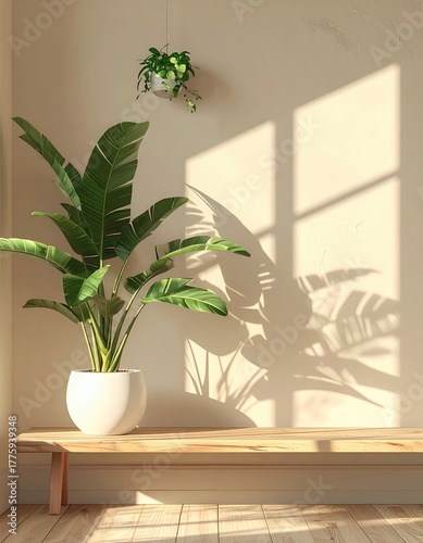 Sunlit plant corner with bench & wall shadow display