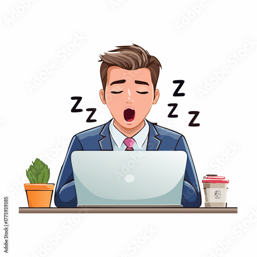 Tired businessman yawning at desk with laptop — Fatigue, sleepiness, and burnout at work illustration
