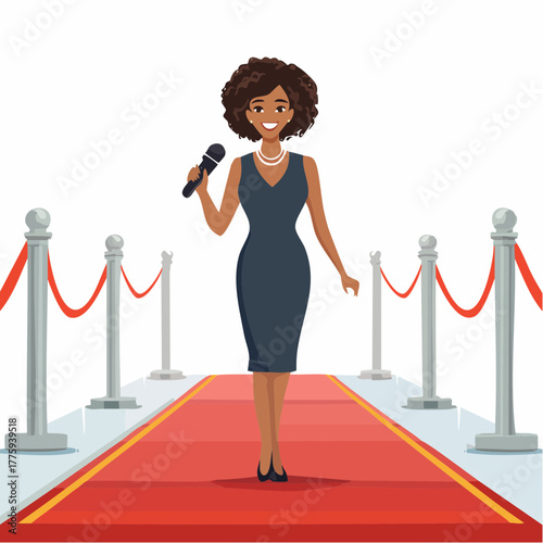 African American Woman on Red Carpet – Elegant Host Holding Microphone
