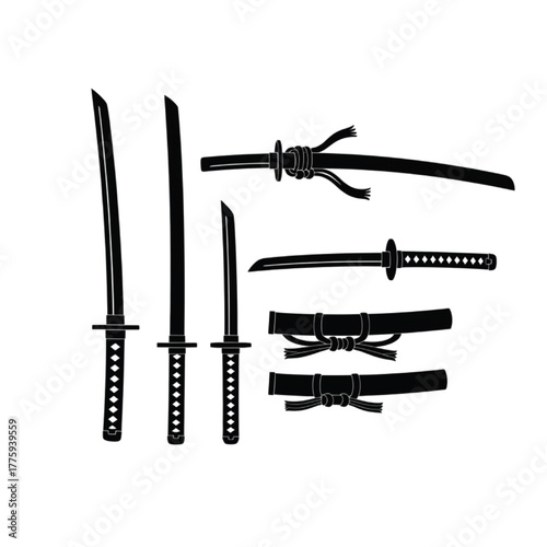 Elegant Black Silhouette Set of Traditional Japanese Samurai Swords - Katana, Wakizashi, and Tachi Designs with Tsuka and Saya Details - Authentic Martial Arts Weapon Vector Graphics