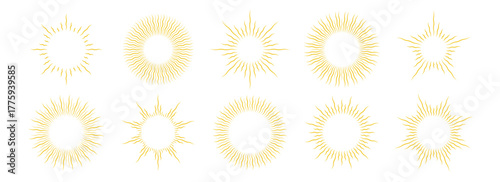Gold wavy sunburst frame set. Golden curly radial sun light border collection. Vintage royal sun beams or rays pack for cadre, decor, label, badge, emblem. Vector yellow retro round boarder bundle