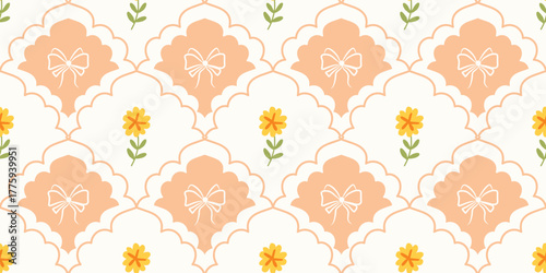 Coquette Floral trellis seamless pattern with bows and ribbons. Preppy spring summer hand drawn flowers. Botanical elegant trendy print. Vintage design for fabric, wallpaper, decor, background, paper